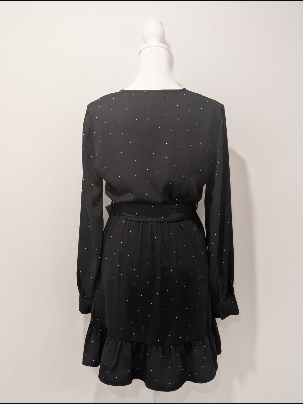 Dynamite Long Sleeve Mini Wrap Dress with Polka Dots - Black & White - Picture 5 of 14